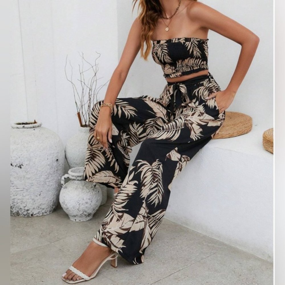 LAST ONE 🔥 Brown/ Black Tropical Print Tube Top & Wide Leg Pants - Picture 4 of 7